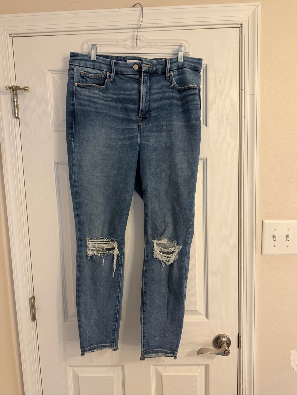 Good American Medium Blue Distressed Ankle Crop Jeans